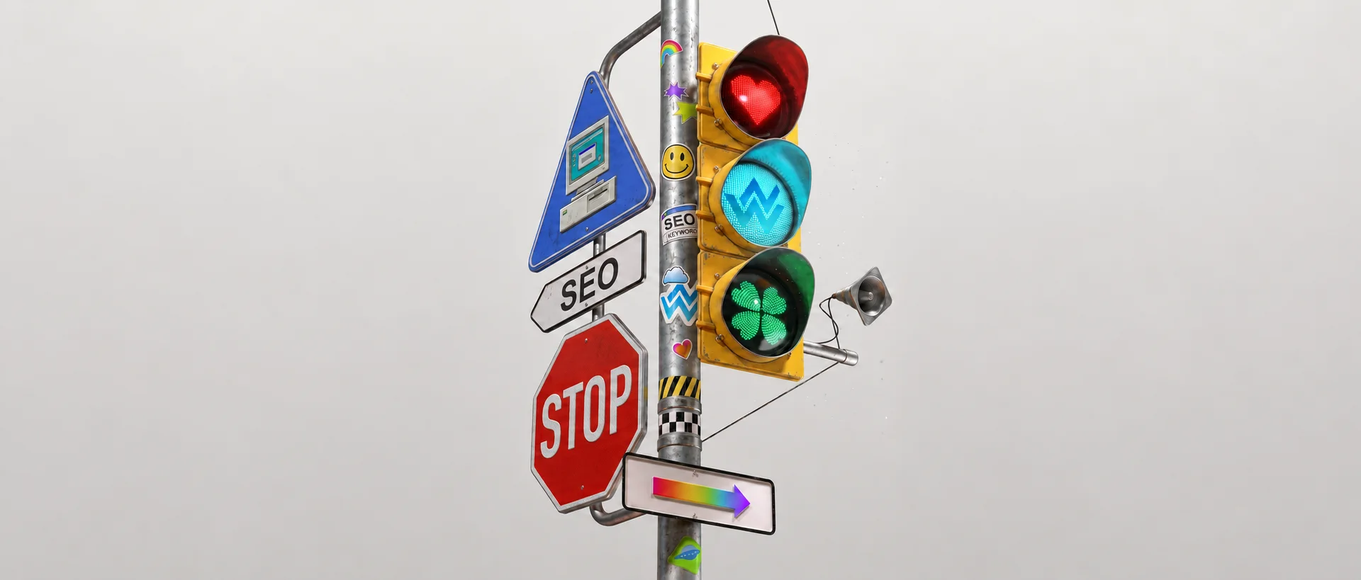 A weathered street signpost stacked with a stop sign, an SEO road sign, and a traffic light glowing with a heart, a WiFi symbol and a four-leaf clover, WebNest's signboard for the internet.