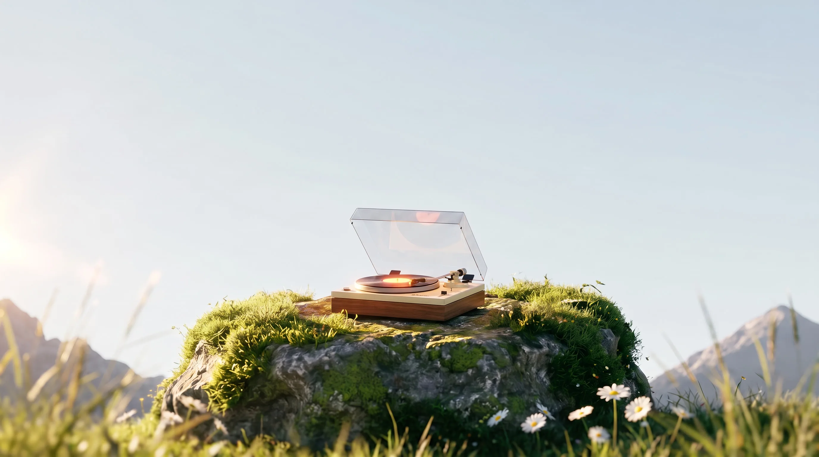 A vintage turntable resting on a mossy rock in an alpine meadow at golden hour
